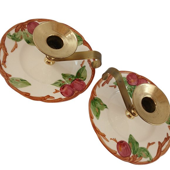 Vintage Franciscan Apple Brass Candle Holders – Hand Painted Ceramic Set of 2 - Picture 2 of 10